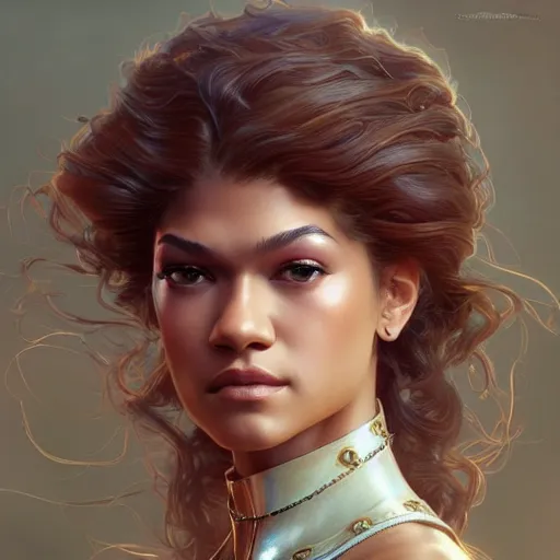 Prompt: beautiful young zendaya, closeup, d & d, fantasy, intricate, elegant, highly detailed, digital painting, artstation, concept art, matte, sharp focus, illustration, art by artgerm and greg rutkowski and alphonse mucha