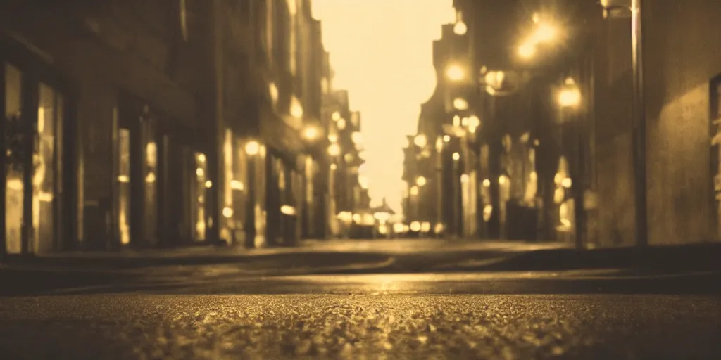 Image similar to low angle camera shot of a street by night, moody cinematography of roger deakins, shot on film, grain, hyper realistic ,