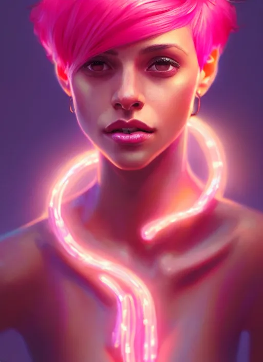 Image similar to portrait of vanessa morgan with bright pink hair, curly pixie cut hair, intricate, elegant, glowing lights, highly detailed, digital painting, artstation, concept art, smooth, sharp focus, illustration, art by wlop, mars ravelo and greg rutkowski