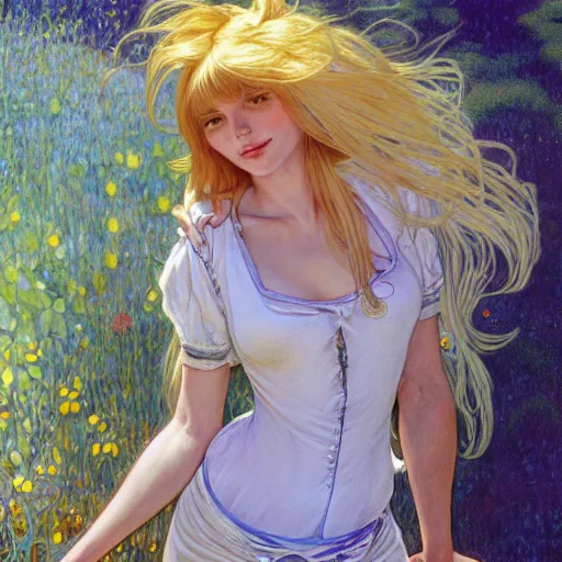 Image similar to A young woman with blonde long hair and bangs in shorts and white shirt drawn by Donato Giancola and Robert McGinnis and Julie Bell and Zeronis and alphonse mucha, background by James Jean and gustav klimt, 4k, sunny day, volumetric lighting, french nouveau, trending on artstation, octane render, hyperrealistic
