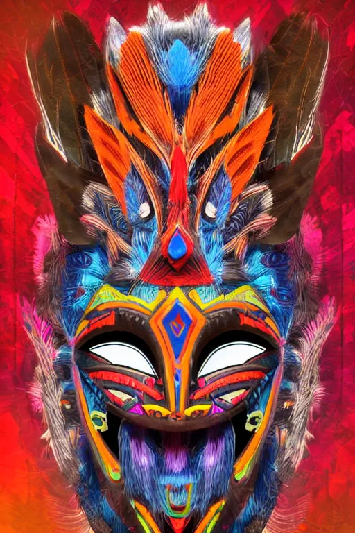 Image similar to totem animal tribal chaman vodoo mask feather gemstone plant video game illustration vivid color borderlands and by feng zhu radiating a glowing aura