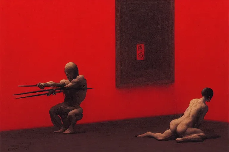 Image similar to only with red, a red samurai do seppuku, tokio, a lot of frogs watch, in the style of beksinski, parts by edward hopper, parts by rodcenko, parts by yue minjun, intricate and epic composition, red by caravaggio, insanely quality, highly detailed, masterpiece, red light, artstation, 4 k