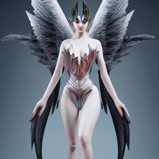 Image similar to fantasy angel with wings inspired avant - garde art, deco fashion, highly detailed, photorealistic portrait, bright studio setting, studio lighting, crisp quality and light reflections, unreal engine 5 quality render