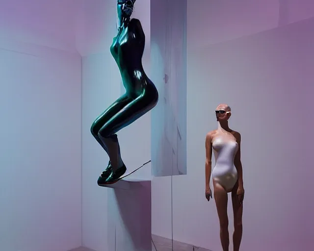 Image similar to portrait of a transforming model wearing futuristic bodysuit doing poses on a rotating platform in a photography studio surrounded by lights by james jean and luc tuymans and beeple and hernan bas and pat steir and hilma af klint, psychological, 3 d, dripping paint, high quality render, masterpiece