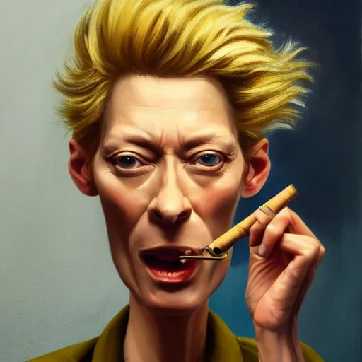 Image similar to an caricature of a young tilda swinton smoking a cigar, realistic oil painting by Mahesh Nambiar, trending on art station, 4K