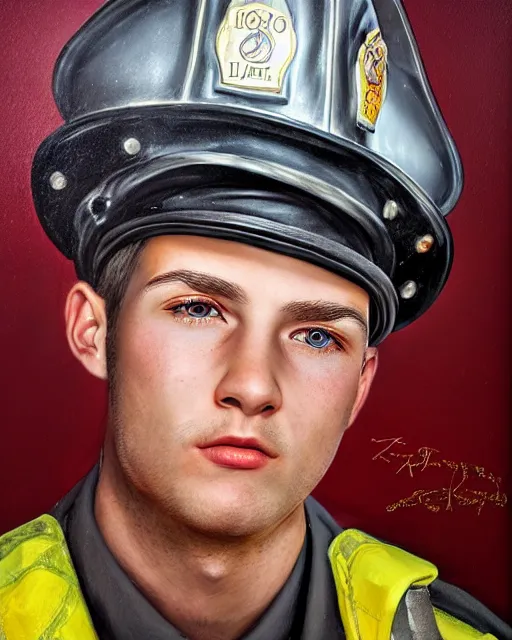 Prompt: portrait of a handsome young los angeles fireman, art by denys tsiperko and bogdan rezunenko and franz xaver kosler, hyperrealism