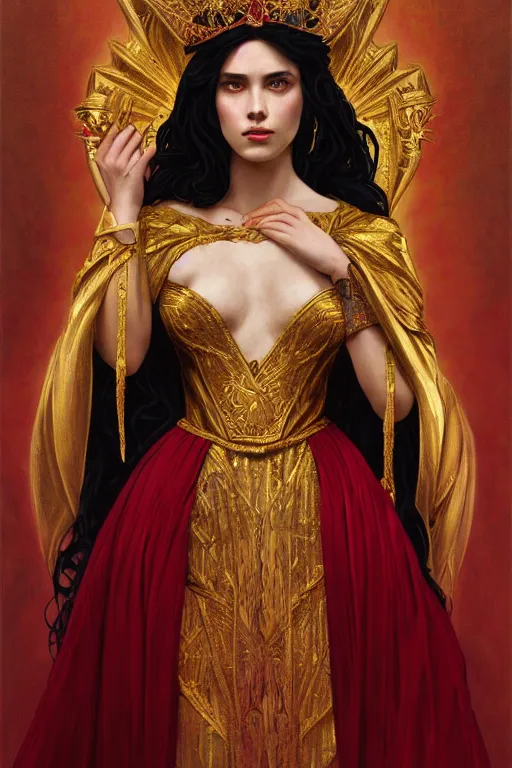 Image similar to Portrait of historically accurate, ancient biblical, sultry, sneering, evil, pagan, wicked, young queen jezebel, wearing gilded red robes, long black hair, intricate, elegant, highly detailed, digital painting, artstation, concept art, smooth, sharp focus, illustration, art by artgerm and greg rutkowski and alphonse mucha and andrei riabovitchev