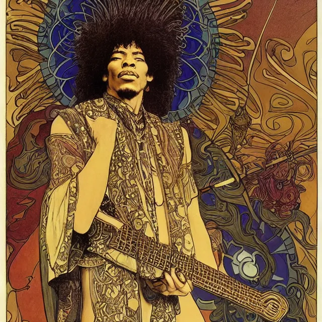 Image similar to artwork by Franklin Booth and Alphonse Mucha and Edmund Dulac showing a portrait of Jimi Hendrix as a futuristic space shaman, futuristic electric guitar, star map, smoke, platonic solids