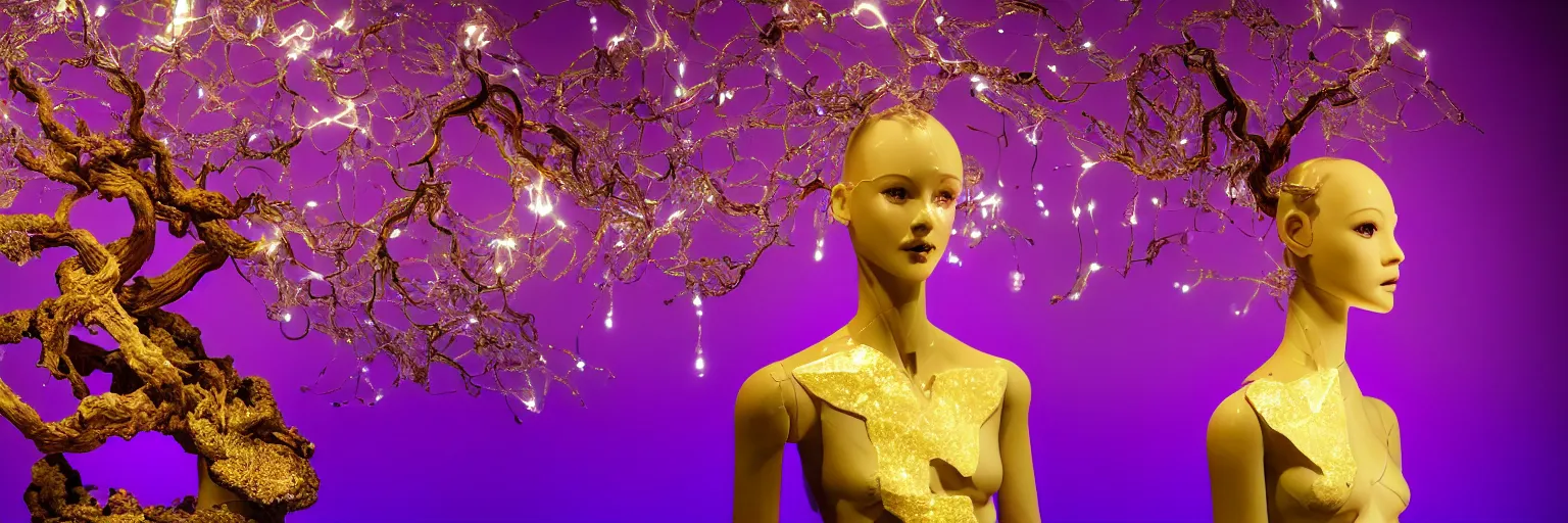 Image similar to beautiful mannequin sculpted out of amethyst by billelis + lit with geometric neon dripping gold + kintsugi, facing a doorway opening with neon pink geometric fractal light + flowering bonsai trees + lighting in background!!, transcendent, clean linework, dramatic, finely detailed, award winning, 4 k, trending on artstation, photorealistic, volumetric lighting, octane render