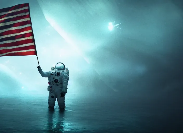 Image similar to astronaut holding a flag in an underwater desert. a submarine is visible in the distance. dark, concept art, cinematic, dramatic, atmospheric, 8 k, trending on artstation, blue, fish, low visibility, fog, ocean floor, christopher nolan, interstellar