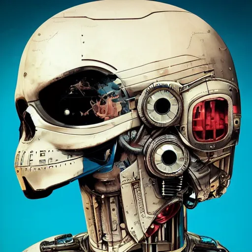 Image similar to a portrait of an cyborg vintage skull no teeth in a racing helmet by sandra chevrier, detailed render, epic composition, cybernetics, 4 k realistic, cryengine, realistic shaded lighting, sharp focus, masterpiece, by matteo scalera, gary montalbano, peter elson in the style of the tokyo ghost comic