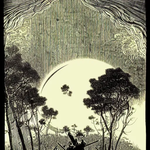 Image similar to silhouette, samurai wielding a sword, moon, forest, night, chiaoscuro, illustration by Gustave Doré