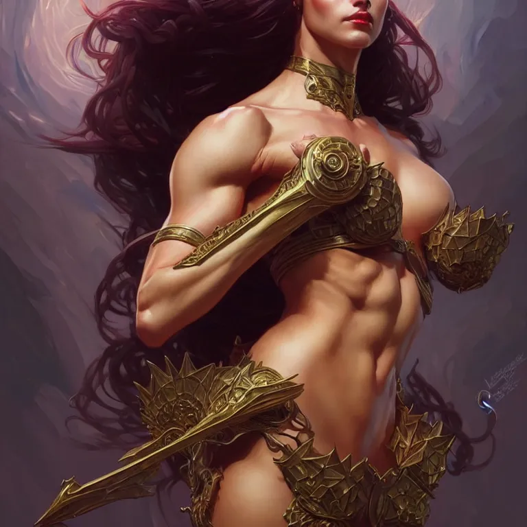 Image similar to queen hot female, muscular upper body,lean body,D&D, fantasy, intricate, elegant, highly detailed, digital painting, artstation, concept art, smooth, sharp focus, illustration, art by artgerm and greg rutkowski and alphonse mucha