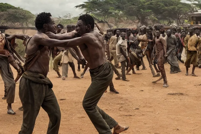 Prompt: film still of the best fight scene from the new pacific movie, set in nairobi