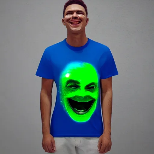 Prompt: product photo of a tshirt with a hyperdetailed portrait of a futuristic trippy smiling robot head, 8 k, symetrical, flourescent mulicolored, halluzinogenic