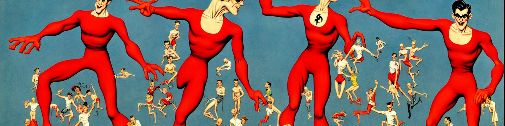 Image similar to plasticman showing off his weird limbs illustrated by norman rockwell with very long hands and arms and fingers and legs and feet twirling and twisting around on a very sunny day in another dimension, funny, silly