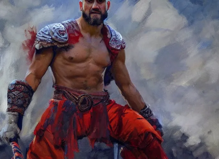 Image similar to a highly detailed beautiful portrait of alexis sanchez as kratos, by gregory manchess, james gurney, james jean