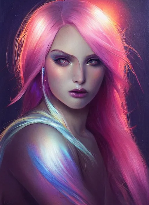 Image similar to girl with iridescent hair, beautiful highly detailed face, complementary lighting, backlit, eyeshadow, lipstick, divine, dramatic lighting, landscape background, beautiful painting by artgerm and greg rutkowski and raymond swanland