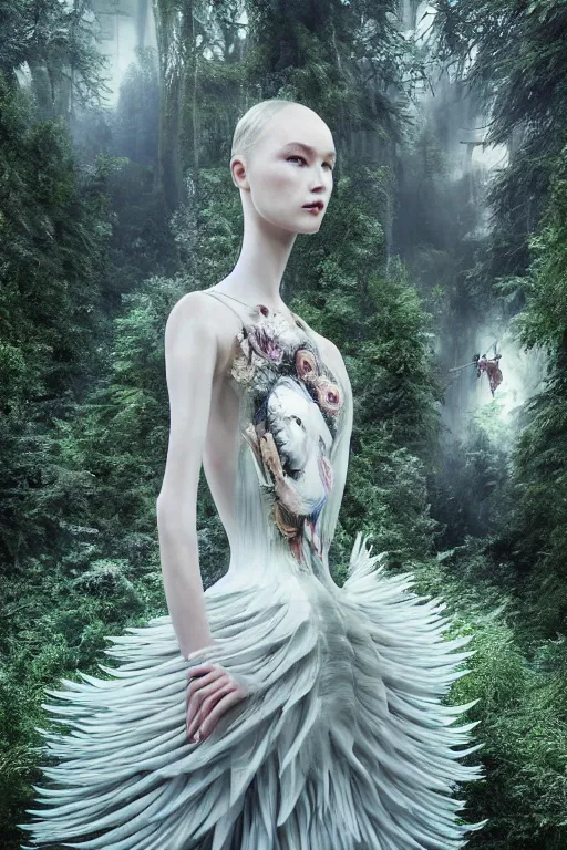 Image similar to a beautiful hyperrealistic ultradetailed 3D, one girl in a magnificent McQueen couture dress on the background of a futuristic forest, Designer clothes, futuristic clothes, clothes from the future, biopunk, voge photo, fashion style, fullbody, in full growth, photorealistic, high resolution, trending on artstation, highly detailed, volumetric lighting, elegant, details, good clear quality, volumetric lighting,