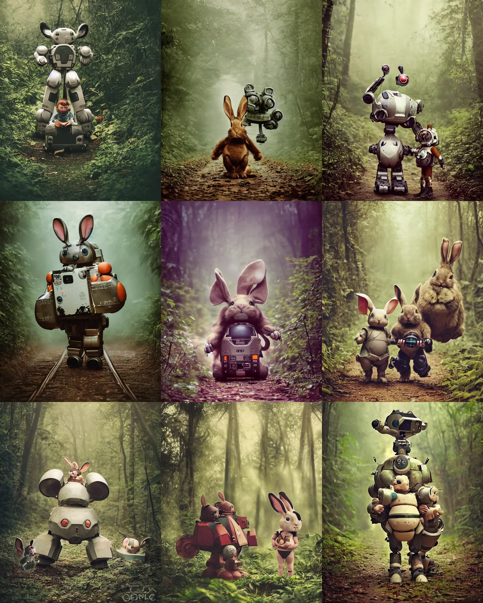 Prompt: epic battle pose !!!giant oversized battle rabbit robot chubby mech baby train with big ears and rabbit, on a jungle forest, full body , Cinematic focus, Polaroid photo, vintage , neutral dull colors, soft lights, foggy ,random weather, by oleg oprisco