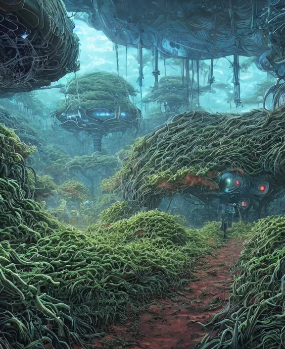 Prompt: a bunker made out of exotic fungus, overgrown with weird fungus and tendrils, spaceship, sci - fi, robots, noon, somber, partly cloudy, by dan mumford, yusuke murata, makoto shinkai, ross tran, cinematic, unreal engine, cel shaded, featured on artstation, pixiv