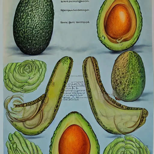 Image similar to a page from codex seraphinianus of blueprint of merging of emma watson with avocado