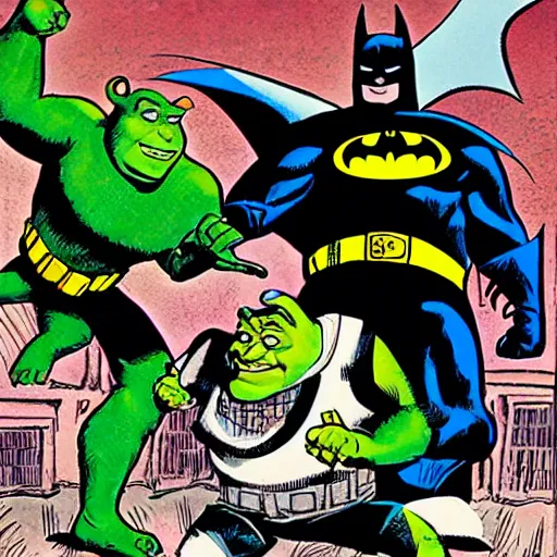 Image similar to shrek and batman fist fighting, comic book, art by jack kirby, highly detailed, high resolution