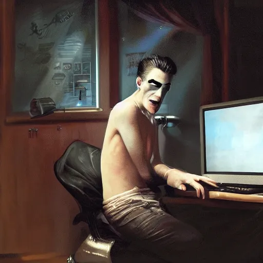 Image similar to a realistic portrait of a vampire in front of his computer hacking to get new information about the past of a person ultrawide