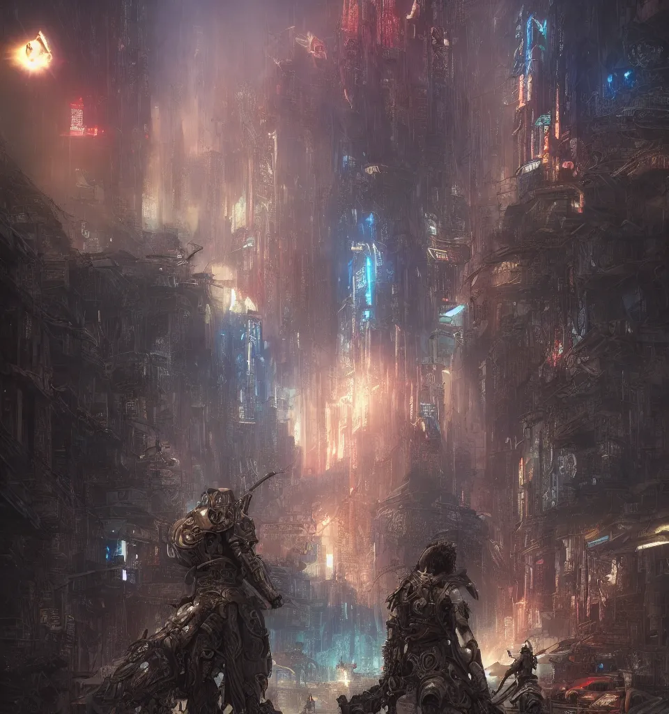 Image similar to cyberpunk gladiator, cinematic, highly detailed, octane render, cg, rich cinematic atmosphere, perfect digital art, mystical journey in strange world, Mystical, cyberpunk, tech war, sci-fi, surreal, glowing lights, sharp focus, high detailed, by Akihiko Yoshida, michael whelan and Karol Bak