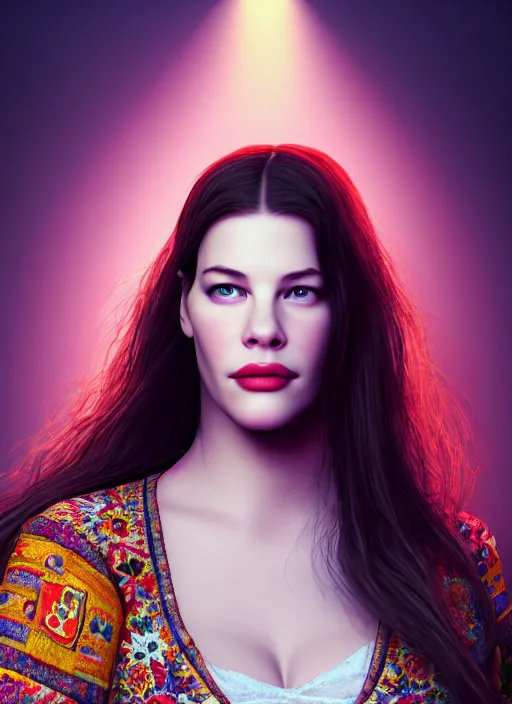 Prompt: young liv tyler, ukrainian national clothes, embroidered shirt, portrait of young woman, 8 k ultra realistic, lens flare, atmosphere, glow, detailed, intricate, full of colour, led lighting, 4 k, hyperrealistic, focused, extreme details, unreal engine 5, masterpiece