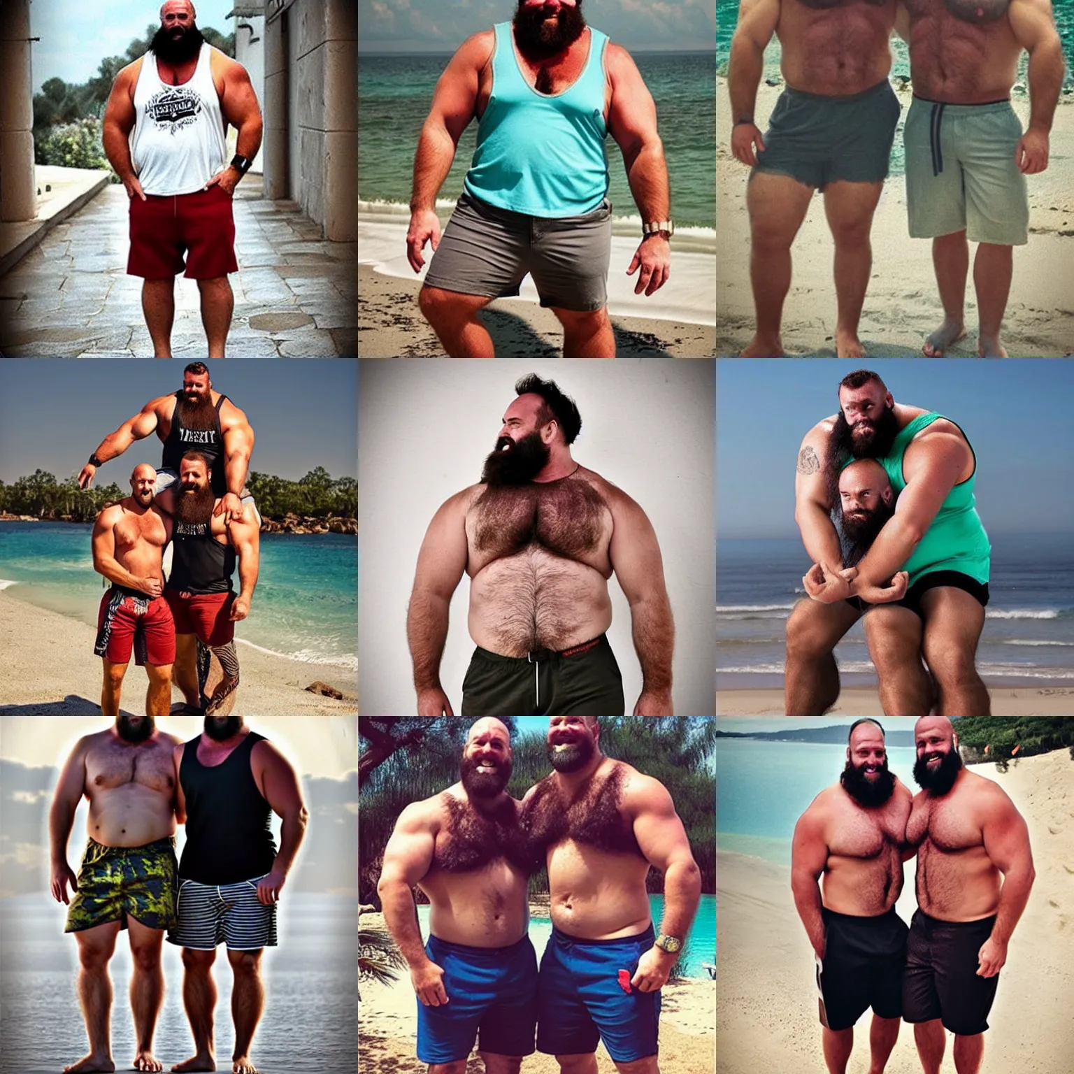 Prompt: two - headed big hairy burly strongman wearing shorts, a tank top and flip flops, elegant, epic, photography