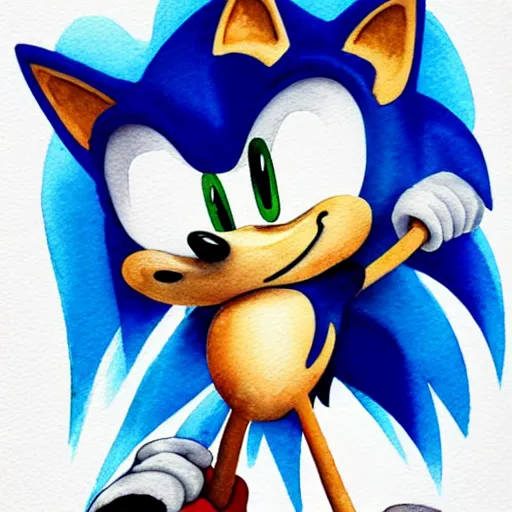 Prompt: a watercolor sonic the hedgehog, loose watercolor drawing, surrealist ripples