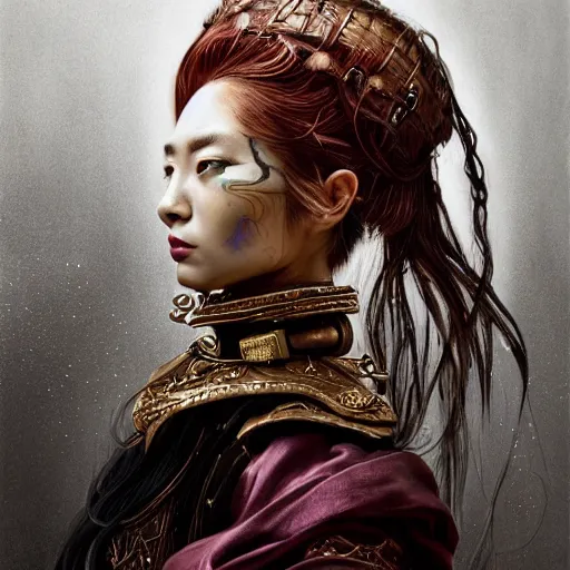 Prompt: portrait, headshot, insanely nice professional hair style, dramatic hair color, digital painting, of a old 17th century, old cyborg merchant, Chinese Three Kingdoms, amber jewels, baroque, ornate clothing, scifi, realistic, hyperdetailed, chiaroscuro, concept art, art by Franz Hals and Jon Foster and Ayami Kojima and Amano and Karol Bak,