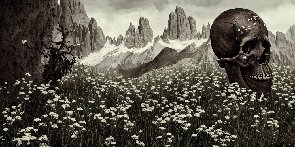 Image similar to skulls being overgrown by edelweiss, dolomites in background, dark, eerie, despair, portrait photography, artstation, digital art, adward winning, concept art, artstation, highly detailed, sharp focus, by caravaggio