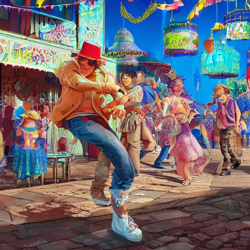 Image similar to a churro dancing away from a chubby kid that's trying to eat it at a carnival, an ultrafine hyperdetailed illustration by kim jung gi, irakli nadar, intricate linework, bright colors, octopath traveler, final fantasy, unreal engine 5 highly rendered, global illumination, radiant light, detailed and intricate environment