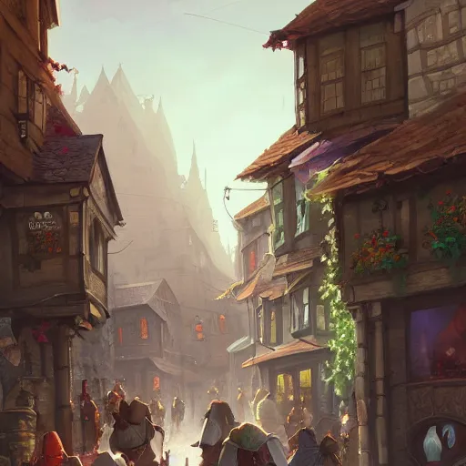 Image similar to a busy street within a fascinating old fantasy city, quirky shops, narrow streets, old buildings, old stone steps, street life, by Sylvain Sarrailh, cinematic, stunning composition, beautiful digital painting, oil painting, dungeons and dragons, lord of the rings