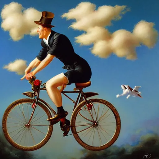 Prompt: A whimsical painting of a happy man flying in the sky on his bicycle in the clouds by Artgerm, Mark Arian, Rolf Armstrong