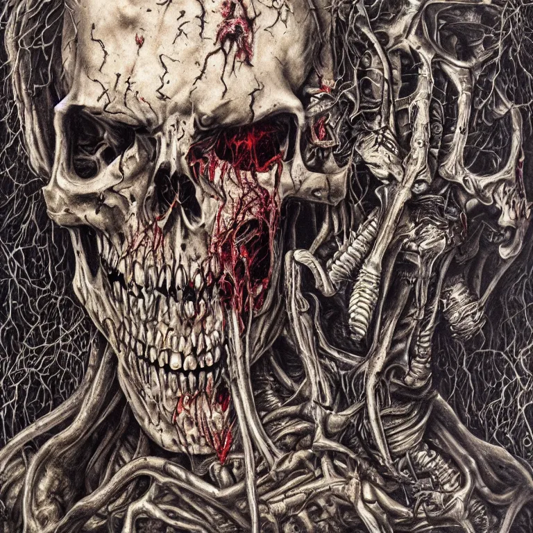 Prompt: death metal album cover, zombie apocalypse, herman nitsch, giger. airbrush, high detail.