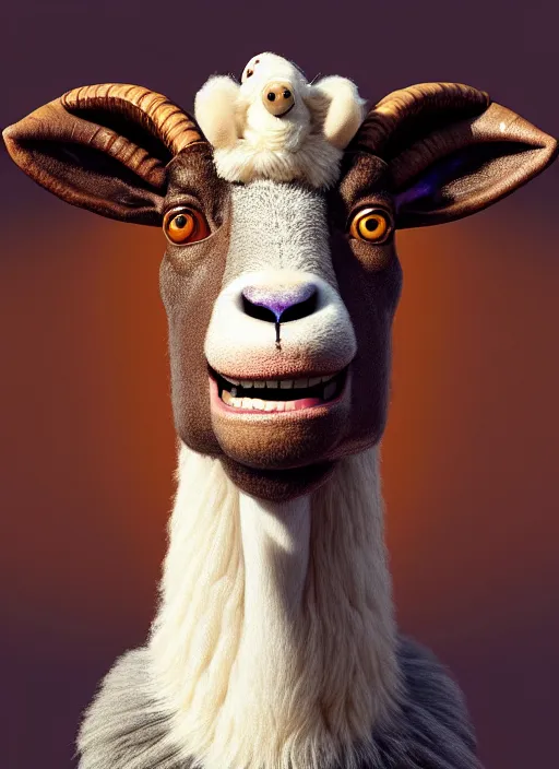 Image similar to anthropomorphic portrait of will smith as a goat, au naturel, hyper detailed, digital art, trending in artstation, cinematic lighting, studio quality, smooth render, unreal engine 5 rendered, octane rendered, art style by klimt and nixeu and ian sprigger and wlop and krenz cushart and pixar and riot and love death & robots