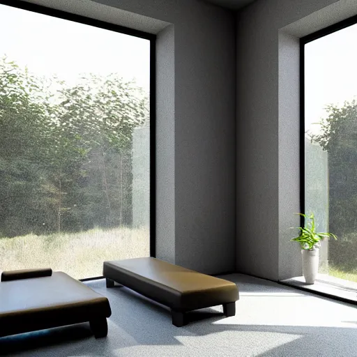 Image similar to brutalist open space home gym, big windows, showing nature landscape on background, minimalist architecture, minimalist furniture, octane render, high quality, 8 k, post production