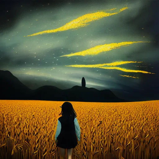 Image similar to giant black daisy flower head, girl walking in wheat field, hills, surreal photography, dark night, star trails, dramatic light, impressionist painting, clouds, digital painting, artstation, simon stalenhag