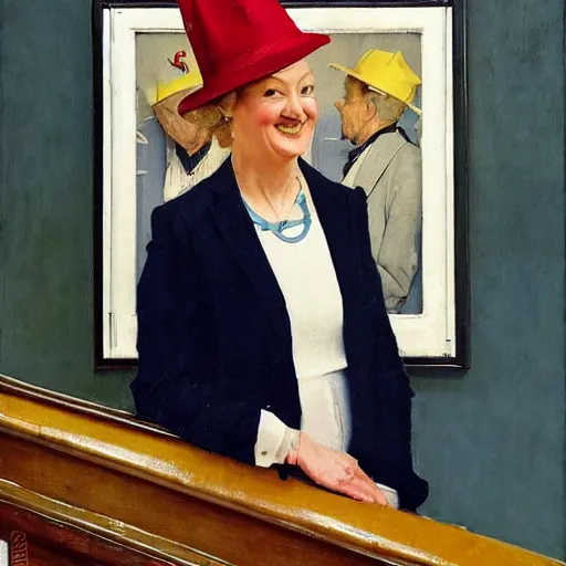 Image similar to conservative mp liz truss wearing a dunces cap, norman rockwell painting