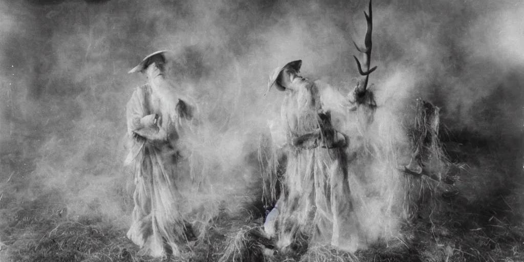 Prompt: 1 9 2 0 s spirit portrait photography of an old female farmer turning into a krampus ghost with hay cloth and antlers in the dolomites, grim smoke from mouth, casting a root spell, inviting hand, witchy, wicca, by william hope, dark, eerie, grainy