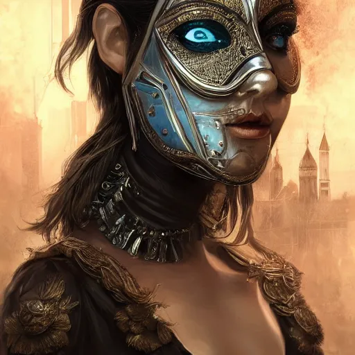 Image similar to Very very very very highly detailed epic photo of face with venetian mask, intricate, dystopian, sci-fi, extremely detailed, digital painting, artstation, concept art, smooth, sharp focus, illustration, intimidating lighting, incredible art by Artgerm