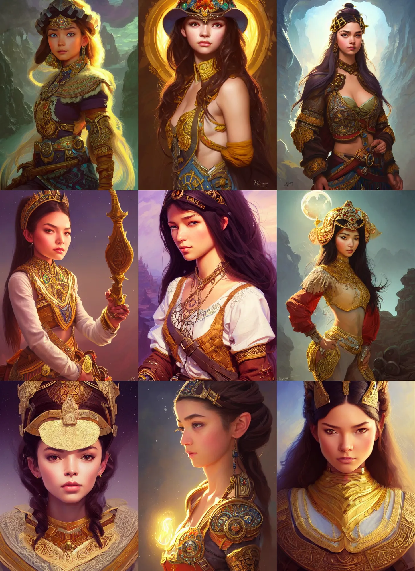 Image similar to portrait of russian mexican asian girl jodhpurs hyperborea lemuria, deep focus, d & d, fantasy, intricate, elegant, highly detailed, digital painting, artstation, concept art, matte, sharp focus, illustration, hearthstone, art by rhads by artgerm and greg rutkowski and alphonse mucha