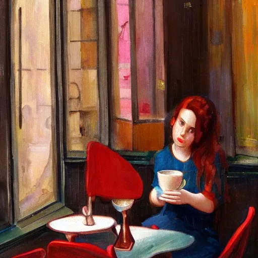 Prompt: a girl with dark red hair seating in cafe and drinking tea, Istanbul can be seen in window behind her oil painting