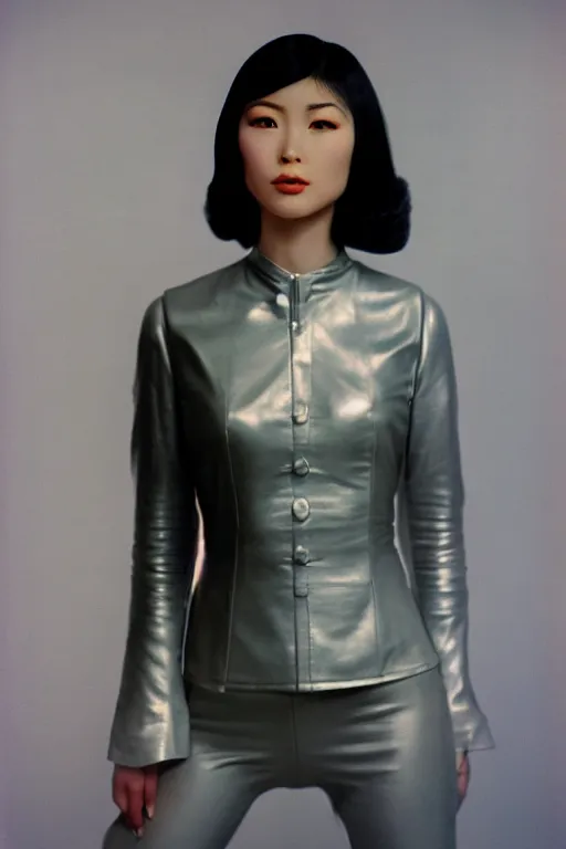 Prompt: ektachrome, 3 5 mm, highly detailed : incredibly realistic, youthful asian demure, perfect features, feminine cut, beautiful three point perspective extreme closeup 3 / 4 portrait photo in chiaroscuro style 1 9 7 0 s frontiers in flight leather suit cosplay vogue fashion edition, nick night, show studio, grey backdrop