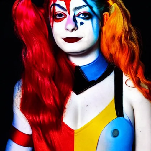 Image similar to lorde as harley quinn, dressed up in piet mondrian inspired bodysuit, official portrait, photo realistic, 4 k