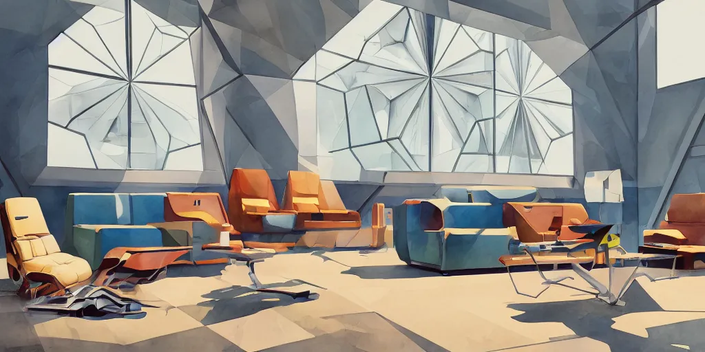 Prompt: a beautiful illustration of futuristic interior studio, lots of furniture, sofa, waiting room, big medium small, sacred geometry, golden ratio, in watercolor gouache detailed paintings, in style of syd mead, trending on artstation, 8 k, panel, hard surface, vent, zaha hadid, props, plant, cozy, decoration,, simon stalenhag, deus ex