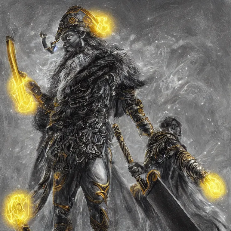 Image similar to mythological Odin all father god of thunder and artificial intelligence creating an artificial neural network with yellow synapses on an anvil with a hammer, high resolution, award winning art, trending on art station, sharp image, incredibly detailed, odin all father detailed character realistic painting